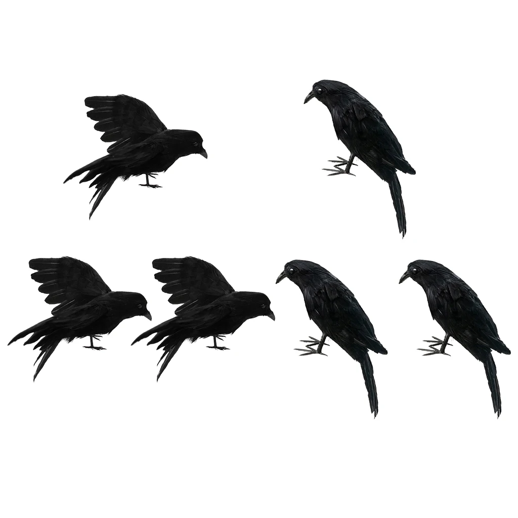 Set 6 Pieces Artificial Realistic Woodland Birds Black Raven For Garden Tree Wedding Party Decoration