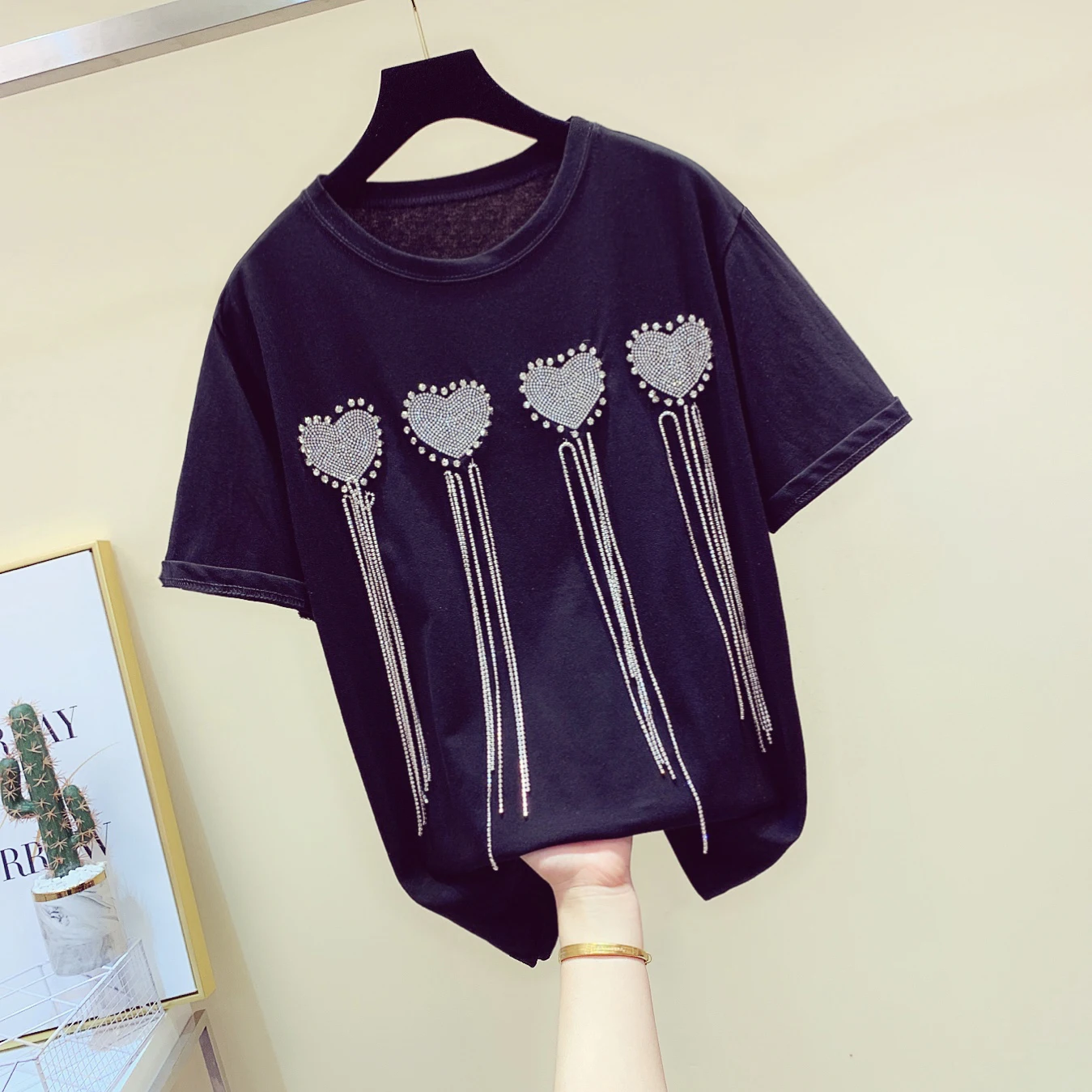 New Love Pattern Summer T-shirt Girls2019 Drill Chain Short-sleeve Candy Color T-shirts Women