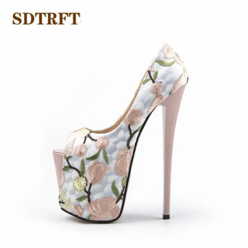 

SDTRFT Sandals Summer Peep Toe 20cm Thin High-Heeled sexy club pumps woman Embroidery wedding shoes Stilettos Plus:34-45 46 47