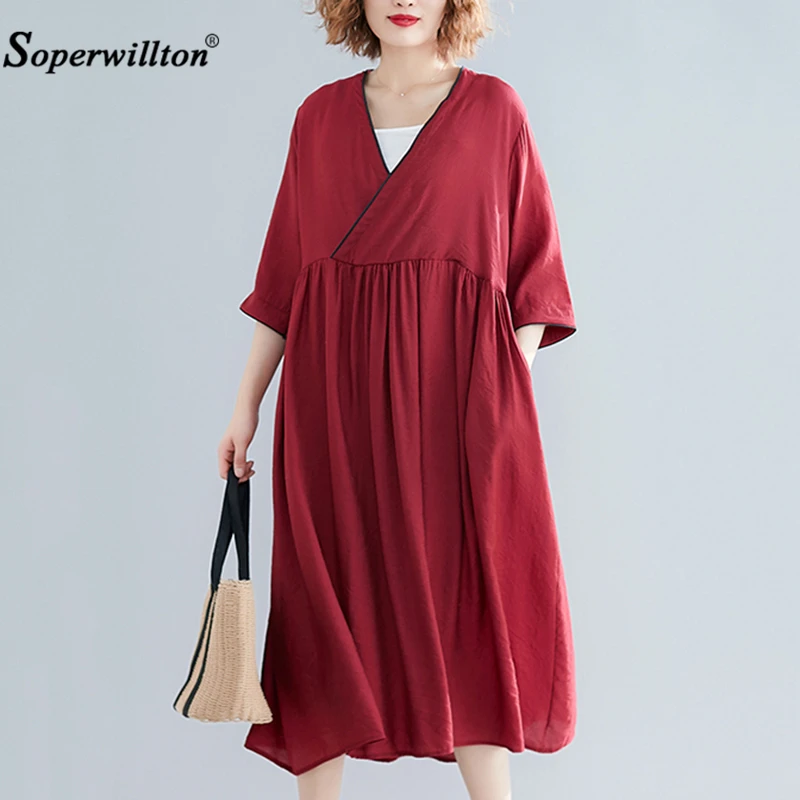 

Casual Women V-Neck Three Quarter Sleeve Sashes Kaftan Maxi Dress Summer Cotton Linen Gown Robe Dresses Loose Plus Size Vestidos