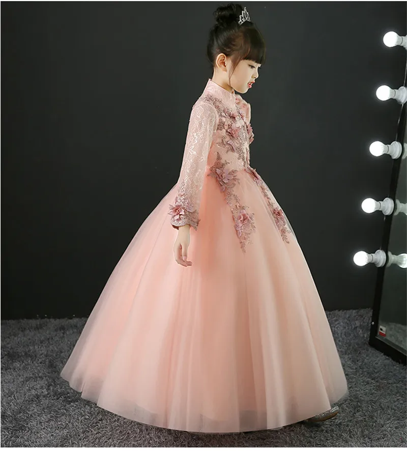 Детское элегантное кружевное платье принцессы с вышитыми цветами для девочек детское длинное платье для дня рождения и свадьбы бальное платье