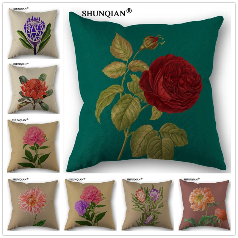 Linen Cotton Colorful flowers Pillow Cover Custom Print Home Decorative