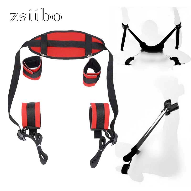 Womens BDSM Bed  Handcuff Ankle-cuffs Bondage Leg Open Restraints Neck Sex Toy Fetish Restraint Bondage Strap Erotic Toys QQTZ17