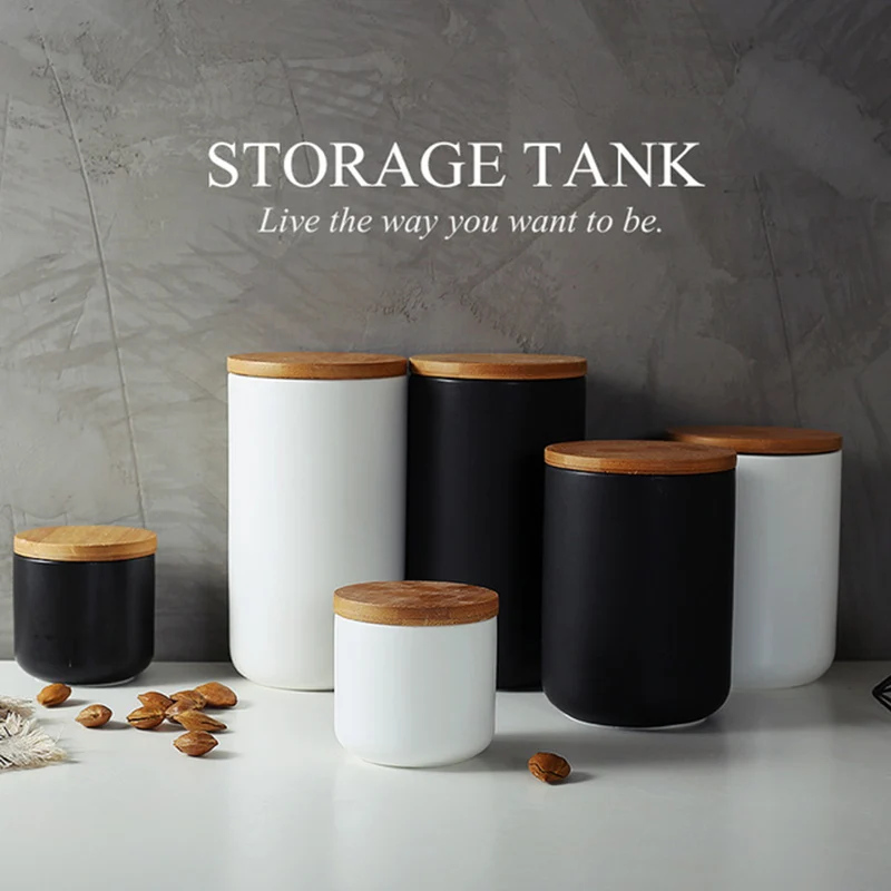 

Exquisite Ceramic Storage Tank Exquisite Wood Lid Food Coffee Container Seasoning Sealed Container Jars Home Kitchen Decoration