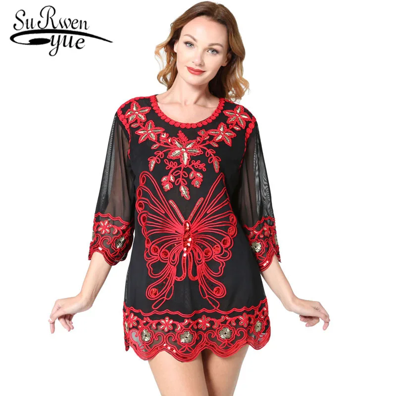 

2019 summer mesh short sleeve shirts Large size Temperament women's short Sleeve Lady chiffon shirts O neck women tops 4027 50