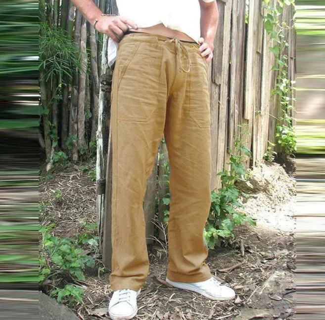 Повседневные брюки для мужчин, мешковатые брюки больших и высоких с карманом beig размера плюс, брюки из хлопка и льна, свободные удобные брюки ouc478