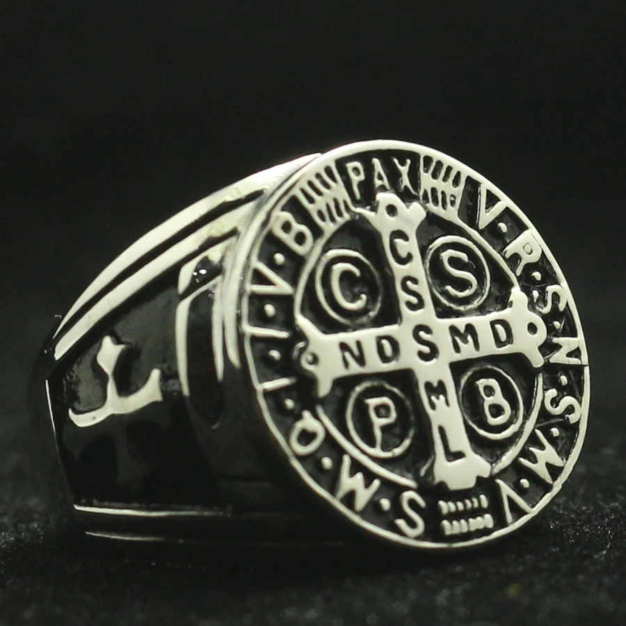 

Saint Benedict of Nursia CSPB CSSML NDSMD Men 316L Stainless Steel Christianity Catholic Church Jesus Exorcism Cross Ring Gift
