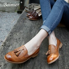 Baimier/; винтажные женские туфли-оксфорды с кисточками; повседневные Мягкие женские лоферы с круглым носком; женская обувь на плоской подошве без застежки в британском стиле