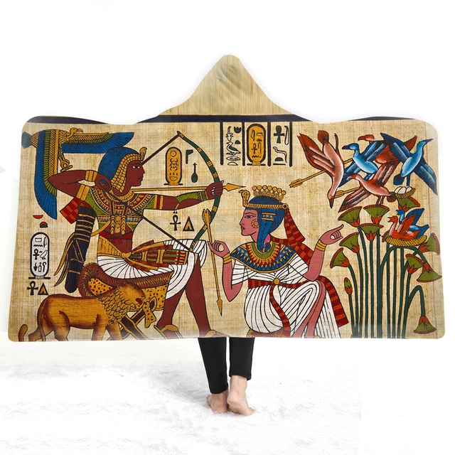 3D Egyptian mural Hooded Blanket Sherpa Fleece Wearable plush Throw