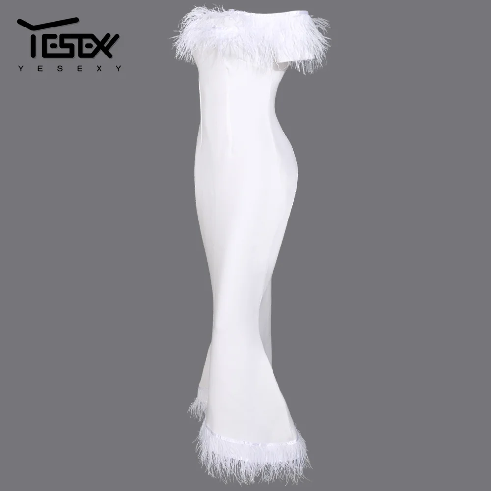 

Yesexy 2019 Slash Neck Off Shoulder Solid Color Feathers Elegant Women Party Dress Sleeveless Female Dresses vestidos VR19501
