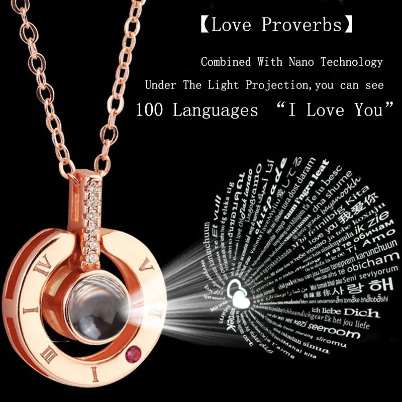 

2018 New Arrival Rose Gold&Silver 100 languages I love you Projection Pendant Necklace Romantic Love Memory Wedding Necklace