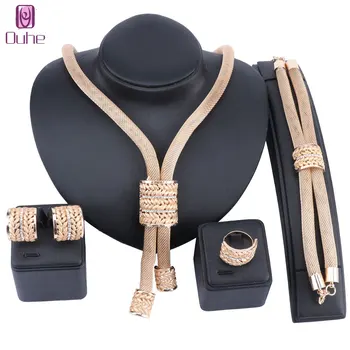 

Dubai gold Color Crystal Tassel Necklace Jewelry Set Nigerian Wedding Women Accessories Set Statement Bridal Jewelry Set