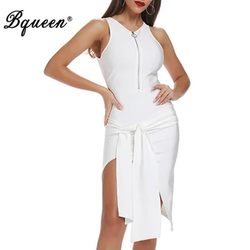 

Bqueen 2019 Women's O Neck Sleeveless Tank Irregular Hem Split Hollow Out Sexy Sheath Midi Bandage With Belt Solid Dress Summer