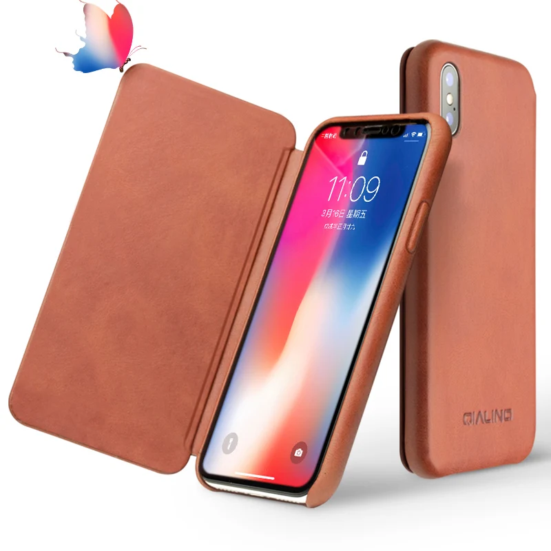 QIALINO Luxury Ultrathin Genuine Leather Case for Apple iPhone X UNBreak Flip Pure Handmade Cover 5.8 inch | Мобильные телефоны и