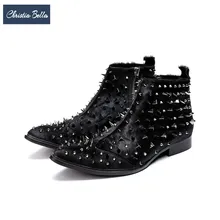 Christia Bella/модные мужские ботильоны с заклепками в стиле панк; Мужские ботинки в байкерском стиле с острым носком из меха пони; модельные ботинки в британском стиле; Цвет Черный