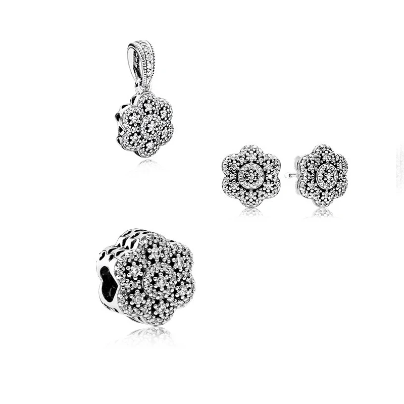 100% 925 Sterling Silver Crystallized Floral Beads Stud Earring Charm Pendant Jewelry Set for Women DIY Fine Jewelry PFS472