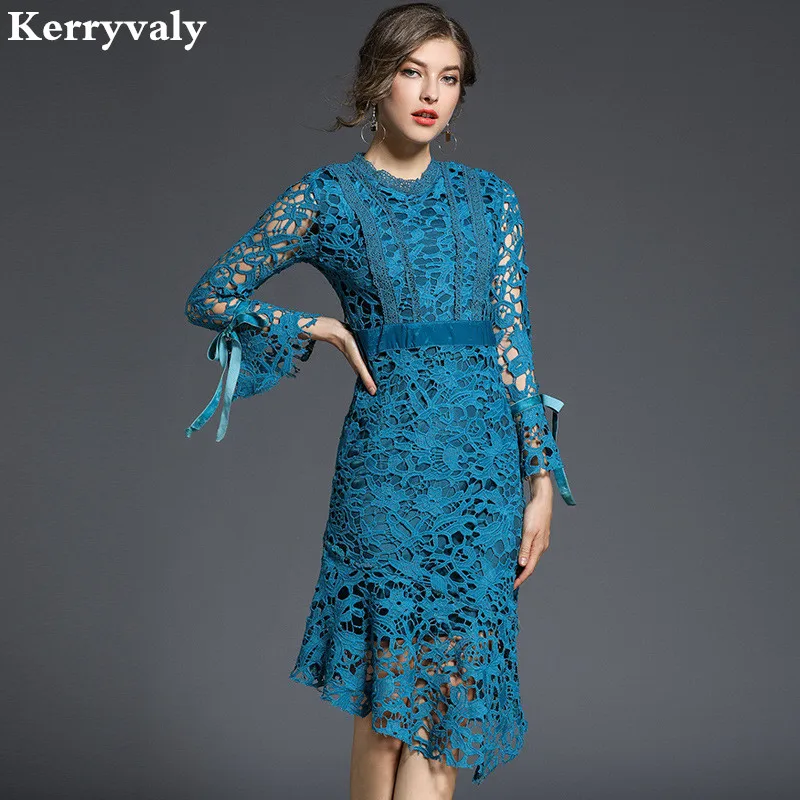 

Spring Irregular Hollowed Out Blue Lace Dress Woman Dress 2019 Vestiti Donna Package Hip Bodycon Drees Kleider Damen K6151