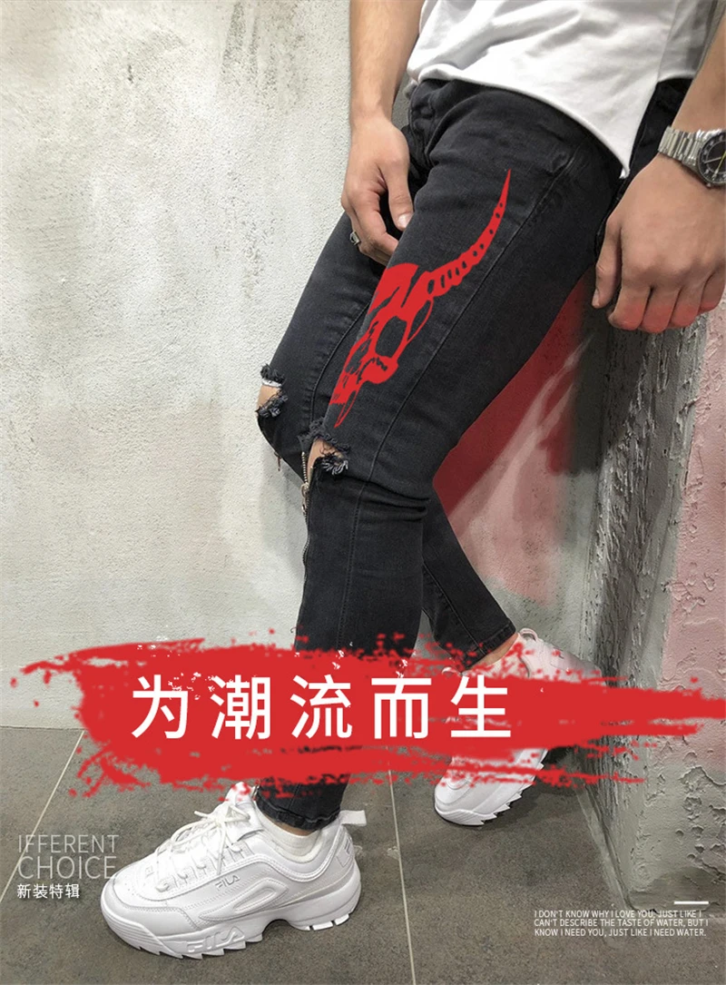 Весенние мужские брюки для отдыха в стиле хип-хоп, брюки до колена на молнии, брюки-карандаш со злом и заплатками