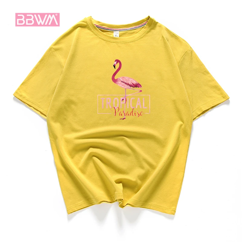 

Exquisite women's 2018 new Korean cotton T-shirt Summer short-sleeved T-shirt loose round collar wild Flamingo printing yellow