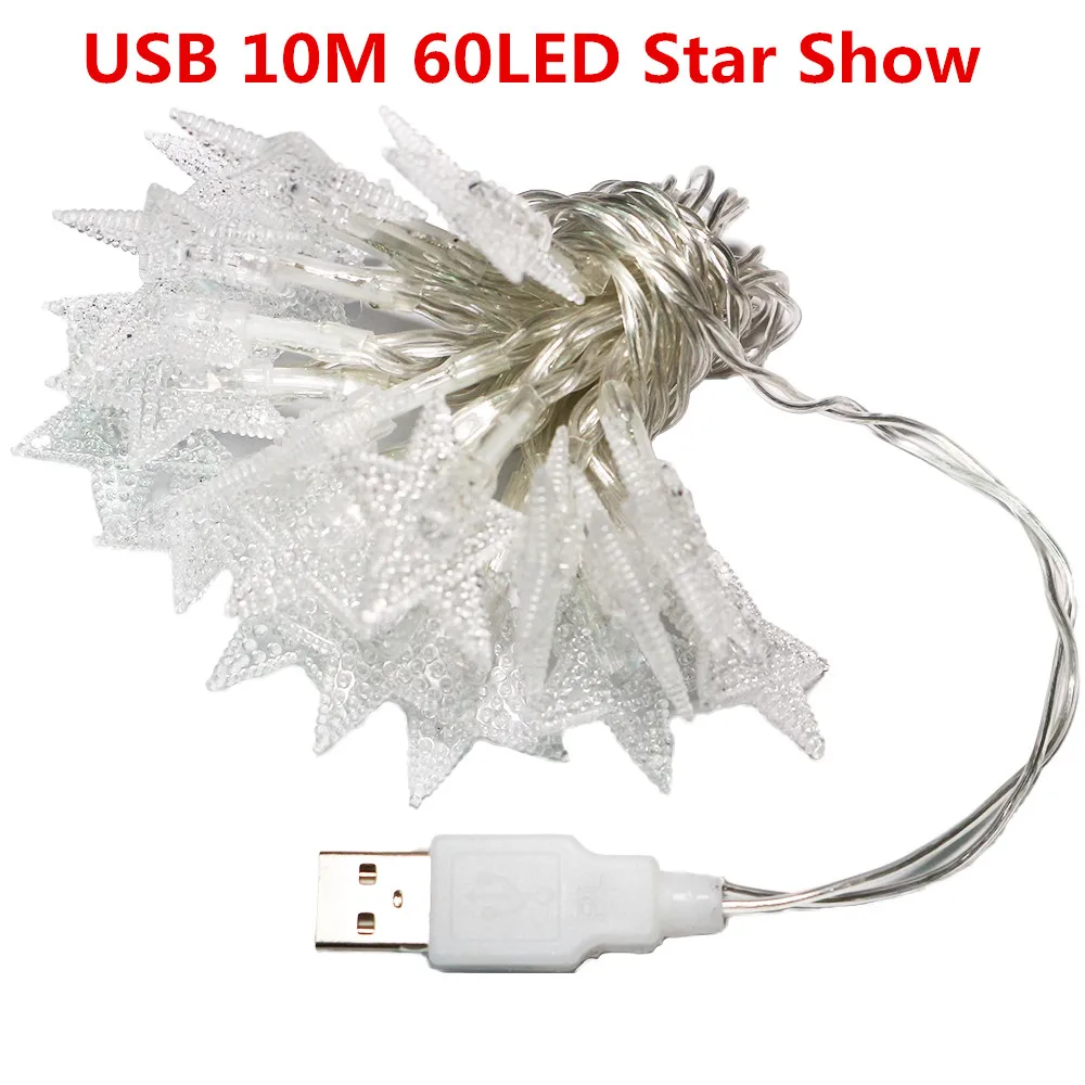 OSIDEN гирлянды с шариками, светящиеся звезды, USB, 5 В, 10 м, 60 светодиодов, праздничное освещение, уличные, водонепроницаемые, для вечерние, для свадьбы, Рождества, сада - Испускаемый цвет: USB 10M Star