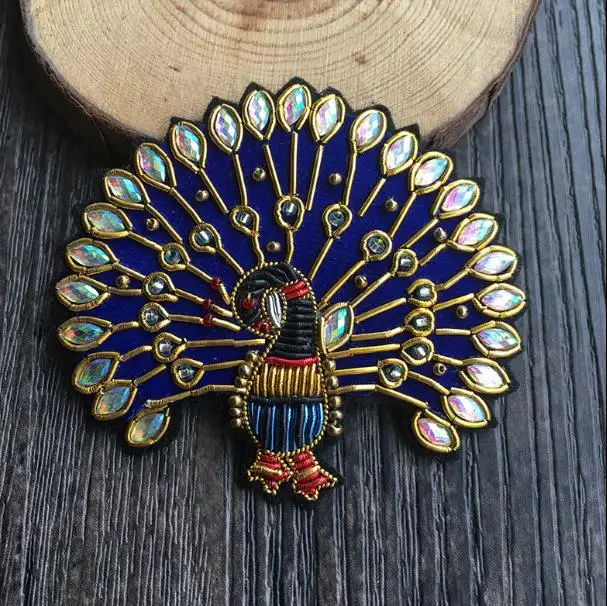 Peacock Silk Emboridered Patch Brooch India Silk Wire Handmade