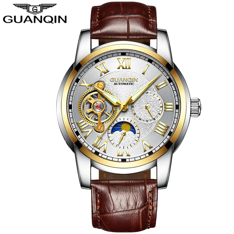 GUANQIN мужские часы Топ бренд класса люкс Tourbillon часы с скелетом мужские спортивные кожаные водонепроницаемые автоматические механические наручные часы - Цвет: Brown Gold White