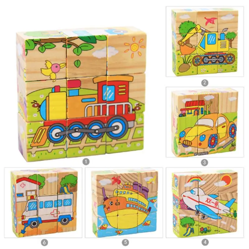 Шесть сторон 9 шт. 3D красочные деревянные головоломки Монтессори Развивающие игрушки для детей деревянные детские транспорт головоломки игрушки подарок