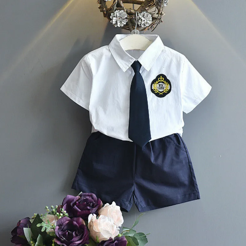 Baby Boys Summer Formal Clothing Sets Shirt Shorts Tie Boy School