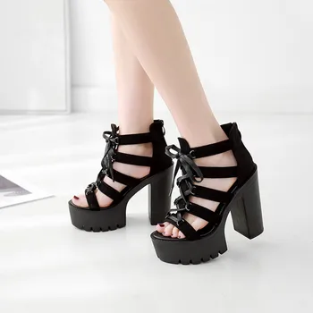 

YMECHIC 2019 Summer Flock Gladiator Sandals Women Gothic 5cm Platform Sandals Cross Tied Open Toe Narrow Band Punk Shoes Woman