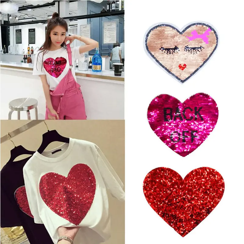 

1PC Heart Red Reversible Sequins Sew On Patch for clothes DIY Crafts Coat Sweater Embroidered Paillette Patch Applique