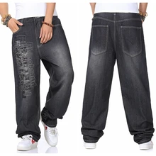 Новинка осени Для мужчин больших размеров Размеры; большие размеры 32-42, 44, 46, модные джинсы Повседневное в стиле «хип-хоп» свободное джинсовое платье с буквенным принтом штаны прямые брюки