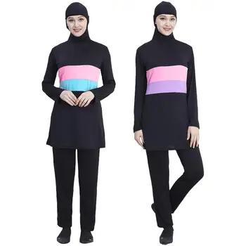 

2PCS Modest Swimsuit Muslim Burkini Women Swimwear Full Cover Beachwear Islamic Bathing Suits Arab Stripe Conservative Swimsuit