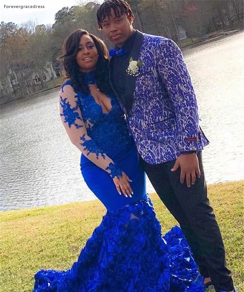 Stunning 3D Rose Flower Royal Blue Prom Dresses 2019 High Neck Sheer Long Sleeve Applique Mermaid Junior Prom Evening Gowns Plus Size   219 (2)