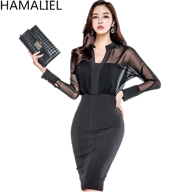 HAMALIEL Sexy Two False Pieces Women Sheath Dress 2018 Spring Black Mesh Patchwork Long Sleeve Perspective Backless Pencil | Женская
