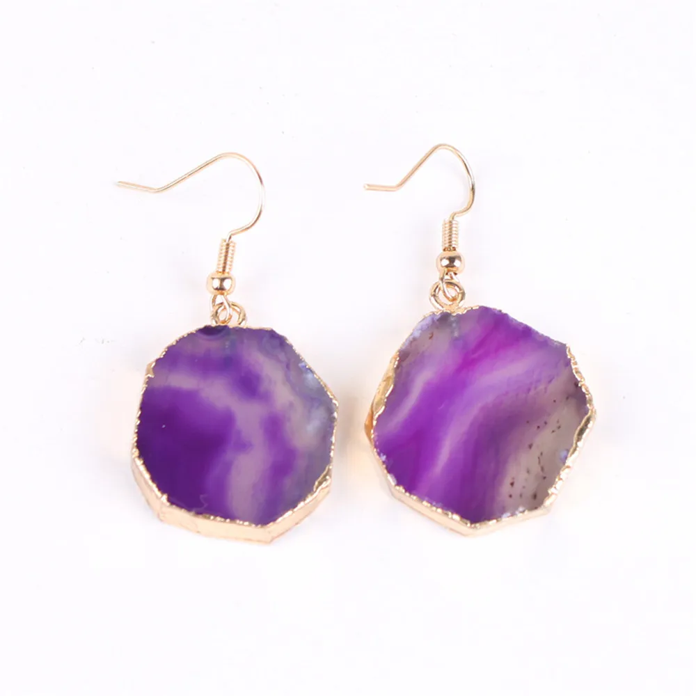 

Natural Purple Agates Piece Earring Purple Gold Earrings Female Folk-custom Earrings Female Polygon Earrings