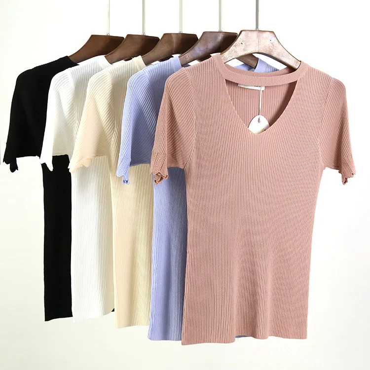 Summer Knitted Shirt Women Sweater Jumper Pullover Short Sleeve T Shirts Cut Out V Neck Chunky Choker Sweaters pull femme 1612