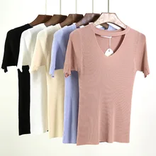 Summer Knitted Shirt Women Sweater Jumper Pullover Short Sleeve T Shirts Cut Out V Neck Chunky Choker Sweaters pull femme 1612 v neck zipper choker jumper