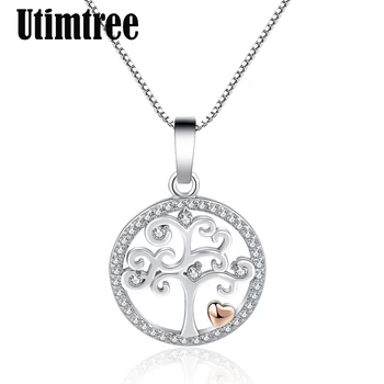 

Utimtree Silver Tree of Life Pendants Necklaces With Heart Fashion Box Chain Cubic Zircon Necklace For Women Statement Jewelry