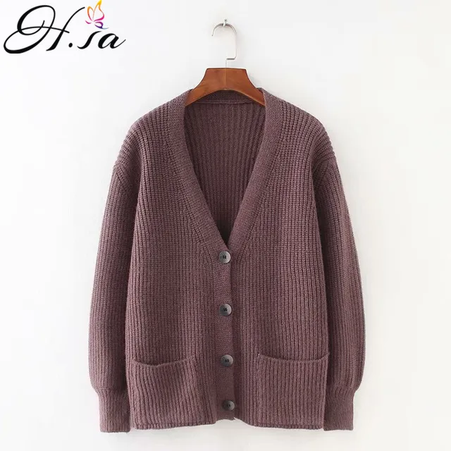 US $16.17 H.SA 2019 Women Cardigans Sweater V neck Solid Loose Knitwear Single Breasted Casual Knit Cardigan 