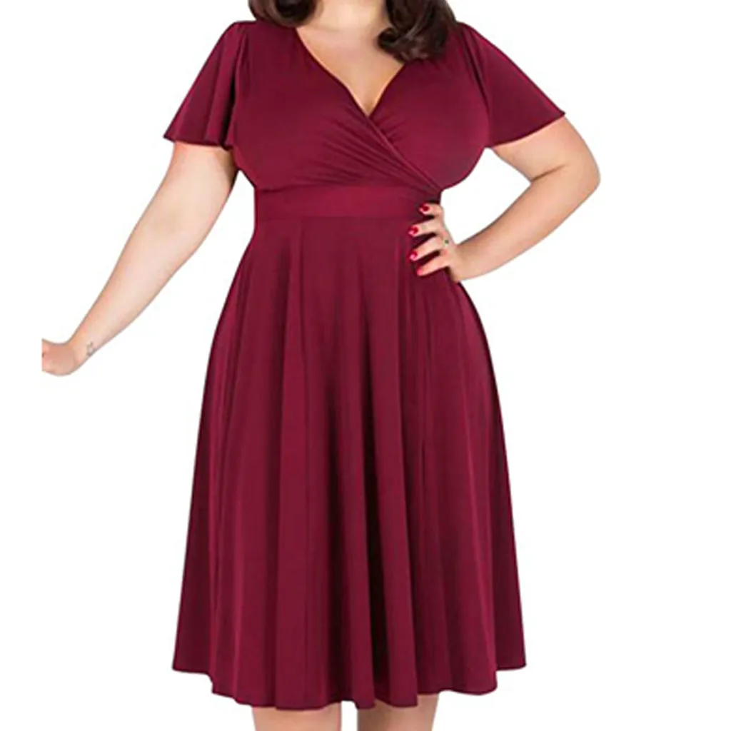 Летнее платье, горячая распродажа, женское элегантное сексуальное платье с v-образным вырезом, с поясом и большим размером, повседневное свободное однотонное платье для женщин - Цвет: Красный