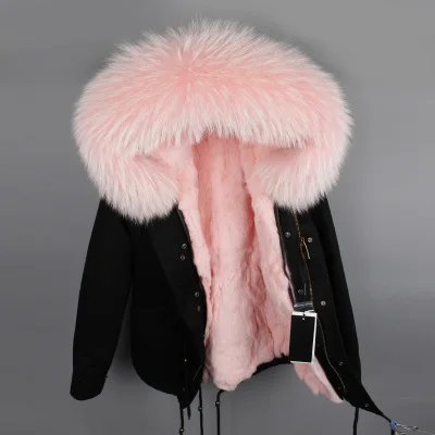 Новое Брендовое Женское зимнее пальто с большим воротником из меха енота, парки с капюшоном, верхняя одежда, съемная подкладка из меха кролика, зимняя куртка