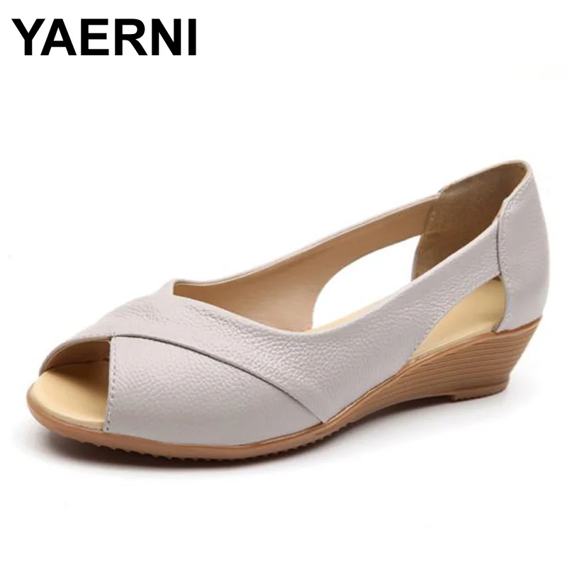 

YAERNI Summer Style Weave Genuine Leather Wedges Heel Sandals Women Flat Peep Toe Soft Bottom Solid Female Casual Summer Shoes