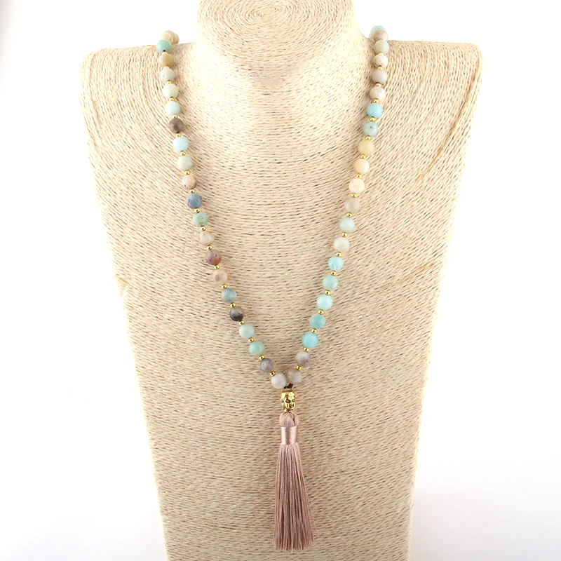 Fashion Bohemian Tribal Beige Tassel Yoga Jewelry Amazonite Stone Buddha Necklace For Women Lariat Necklaces