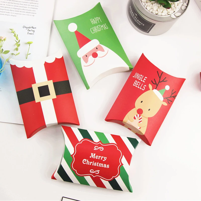 

10pcs/lot Merry Christmas Candy Box Pillow Shape Paper Gift Box Bag Cookies Boxes for Party Decoration