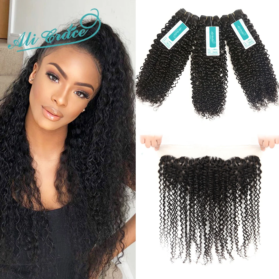 

Curly Bundles With Frontal Brazilian Kinky Curly Remy Human Hair With Closure Ali Grace Hair Bundles With Lace Frontal