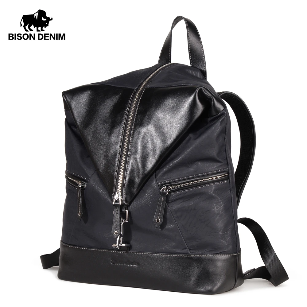 

BISON DENIM Fashion Men's Backpack Genuine Leather zipper mini backpack School Backpacks for Teenager Travel Pack N2504