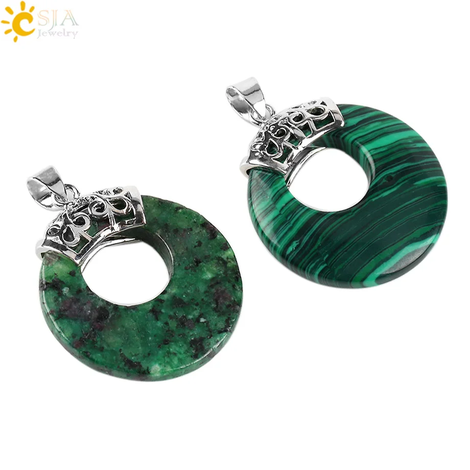 

CSJA Natural Gem Stone Beads Women Men Pendants for Necklace Hollow Round Veins Onyx Crystal Tiger Eye Reiki DIY Jewellery E517