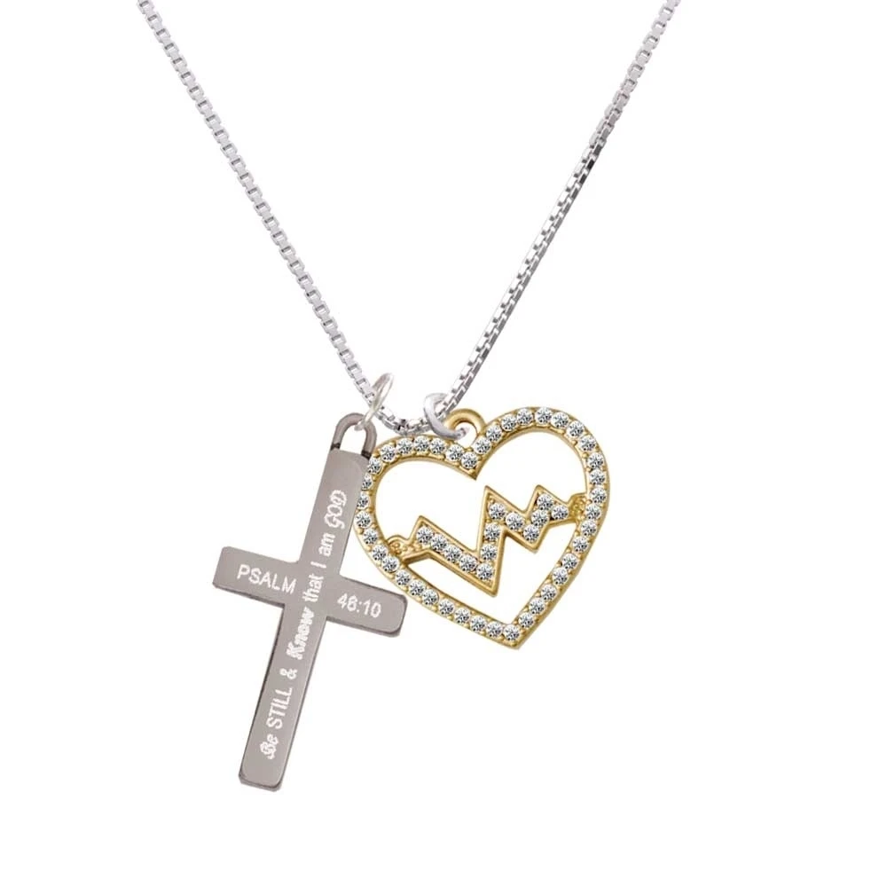 Gold Tone Large Crystal Heart - Heartbeat - Be Still and Know - Cross Necklace