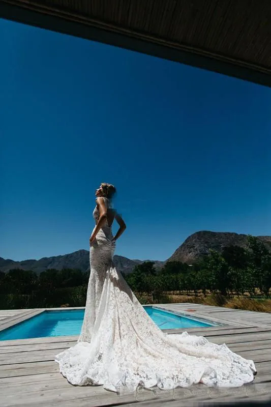 Best Selling Inbal Dror Lace Wedding Dresses Backless Plunging Deep V Neck Chapel Train with Pockets 2016 Sheer Summer Beach Bridal Gowns