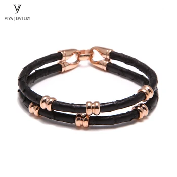 

Classic Men leather Beads Jewelry high-grad Black Python Leather Bracelet Genuine Python Bracelets With Rose Gold Beads Has Box